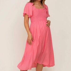 Coral Smocked Square Neck Flutter Short Sleeve Midi Dress from Pink Blush